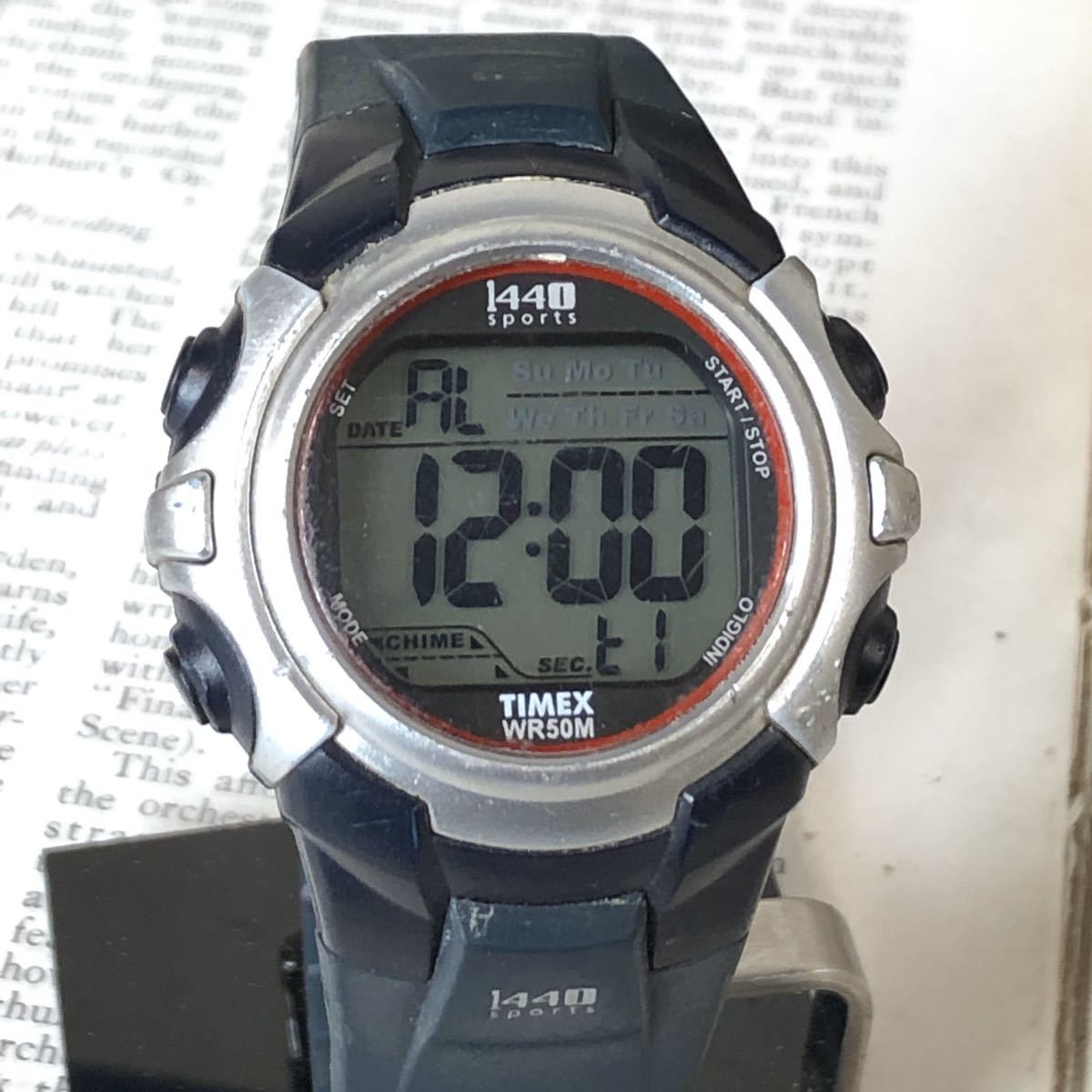 TIMEX タイメックス 1440sports アラーム ストップウォッチ INDIGLO マットシルバーカラー ネイビー 腕時計 稼動品 W1341