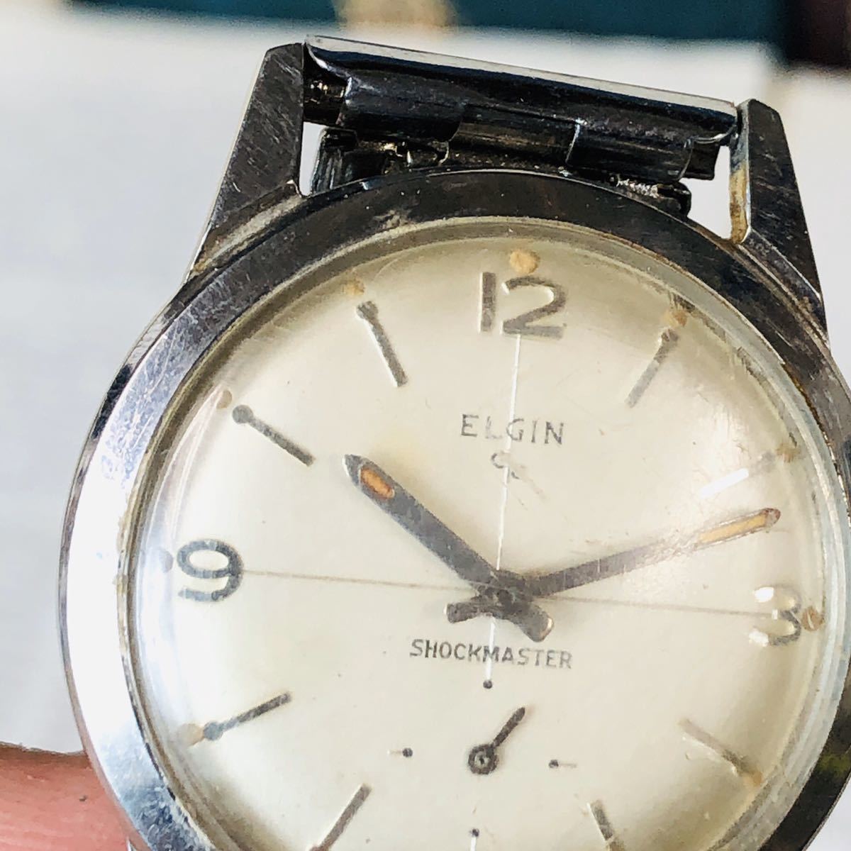 ELGIN エルジン 腕時計 機械式 手巻き SHOCKMASTER ホワイト スモセコ 3針 ビンテージ 稼動品 W1457_画像10