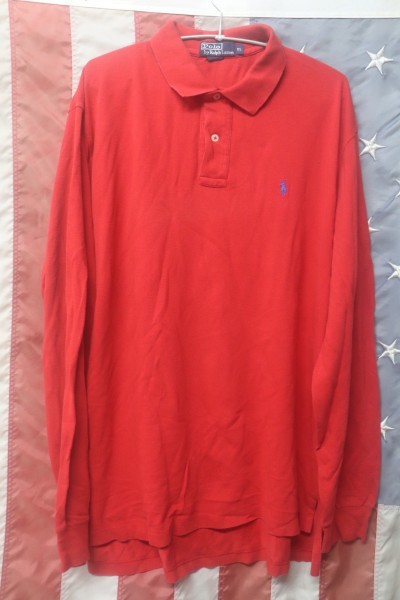 【SW-0456】ラルフローレン　　鹿ノ子ポロシャツ　長袖（XL）赤【中古良品】_画像1