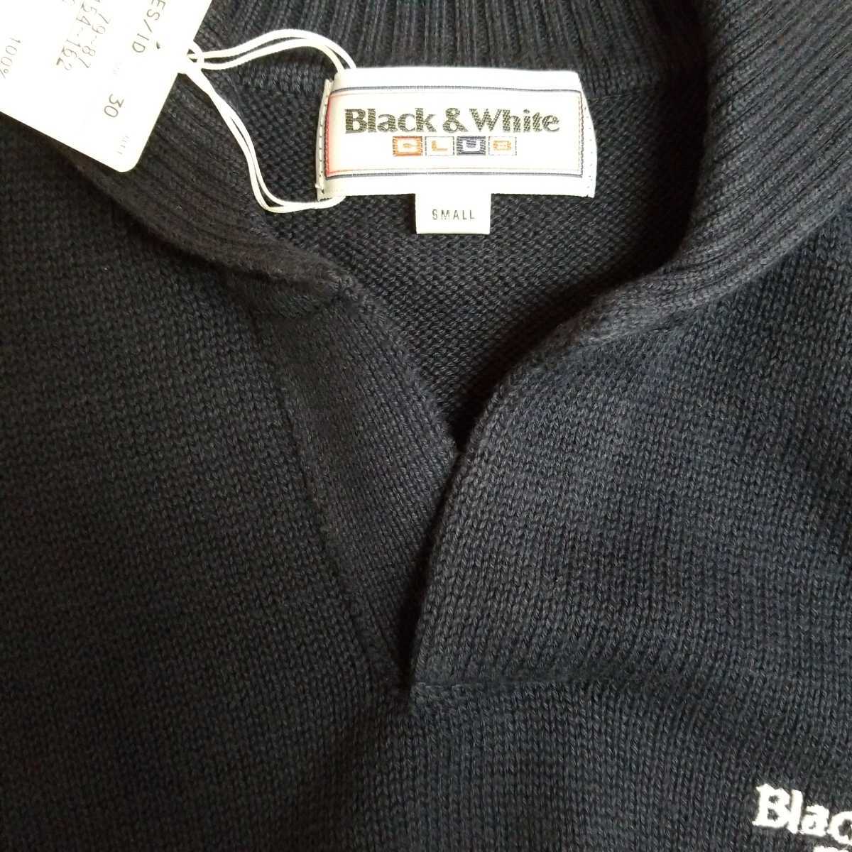 新品Black&Whiteブラック&ホワイト/メンズ半袖ポロニットセーター/ネイビー/S/￥18700(17000+税)日本製_前たて部分フリーネック仕様です