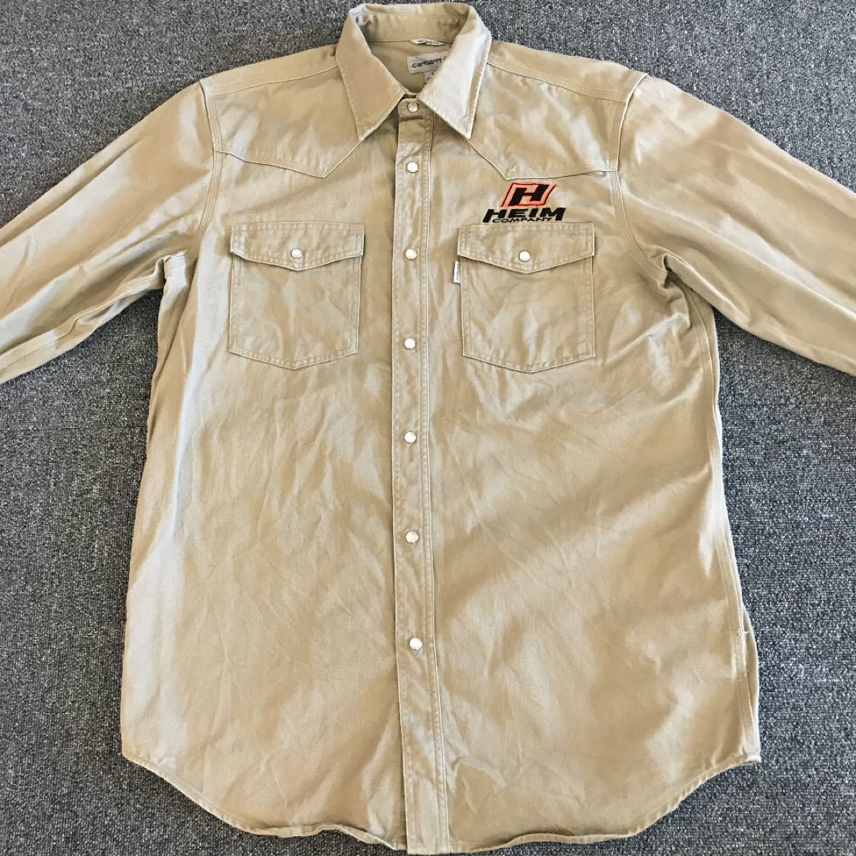 90s カーハート ワークジャケット 企業ロゴ刺繍 ワークシャツ メンズL