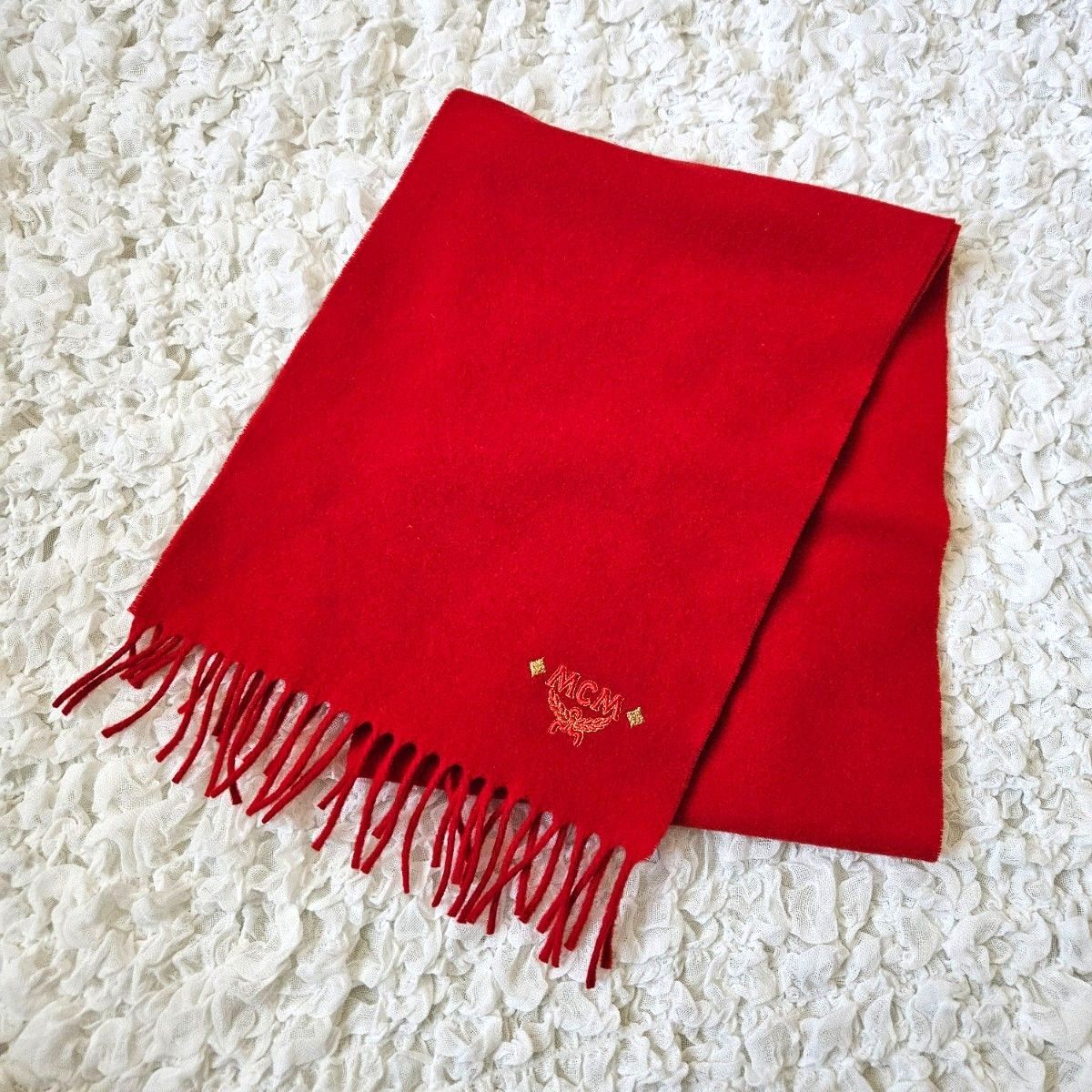 MCM マフラー ラムウール 赤 レッド フリンジ ロゴ刺繍｜Yahoo!フリマ