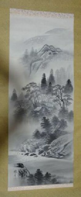稀少 アンティーク 山水画 山水 落款 鳳月 絹本 肉筆 掛軸 絵画 日本画 古美術