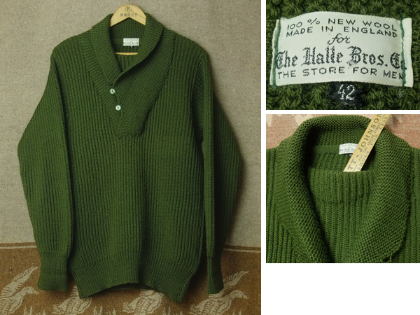 重ね着風【ショールカラー】60s ウール ニット セーター Halle Bros MADE IN ENGLAND ミリタリー調 オリーブグリーン★ビンテージ 英国