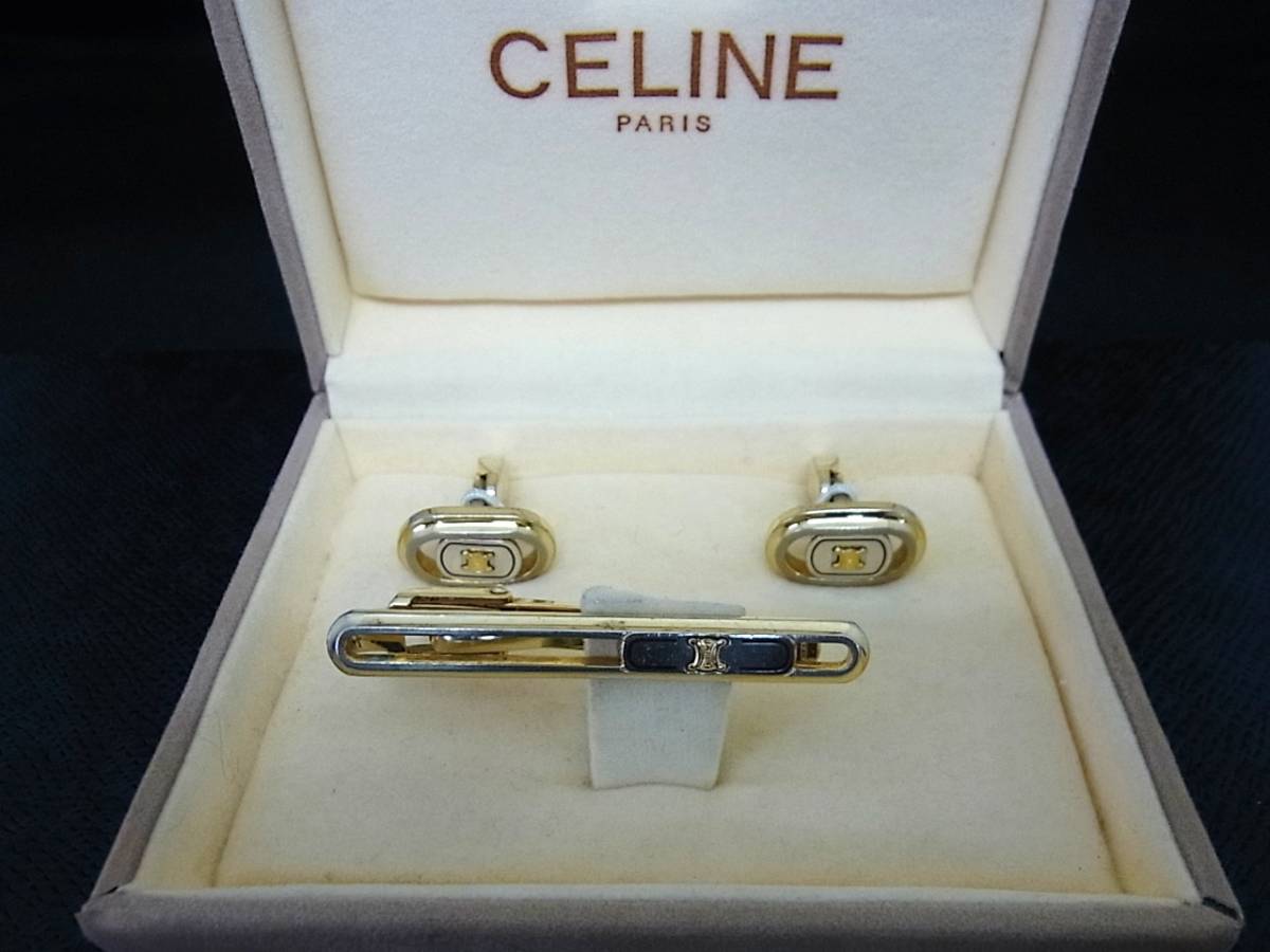 ◎№2064◎■美品■セリーヌ【ＣＥＬＩＮＥ】【シルバー・ゴールド】■カフス＆ネクタイピン セット♪_画像1