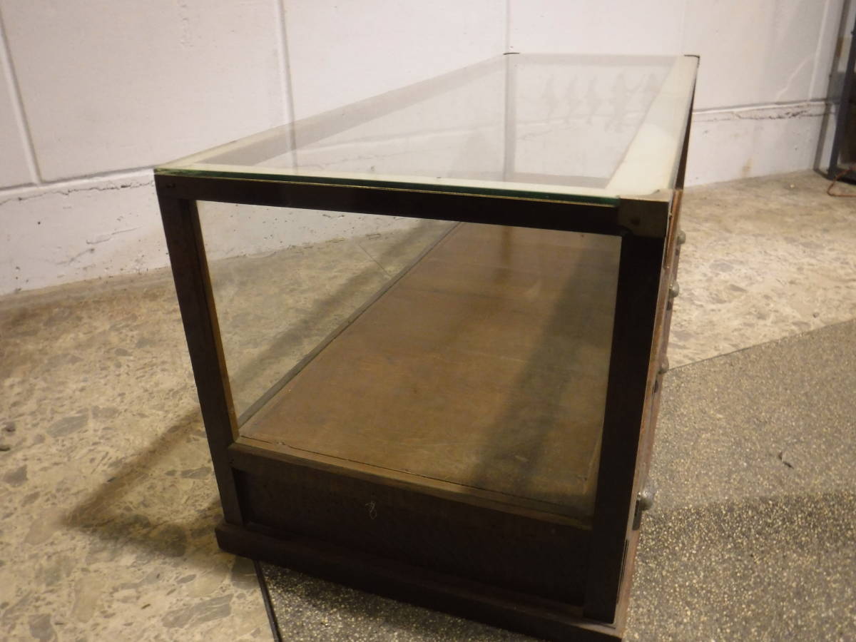 F55* antique wooden glass case drawer attaching * width 129cm. height 46cm* collection case * Showa Retro. cigarettes shop * store. that time thing *