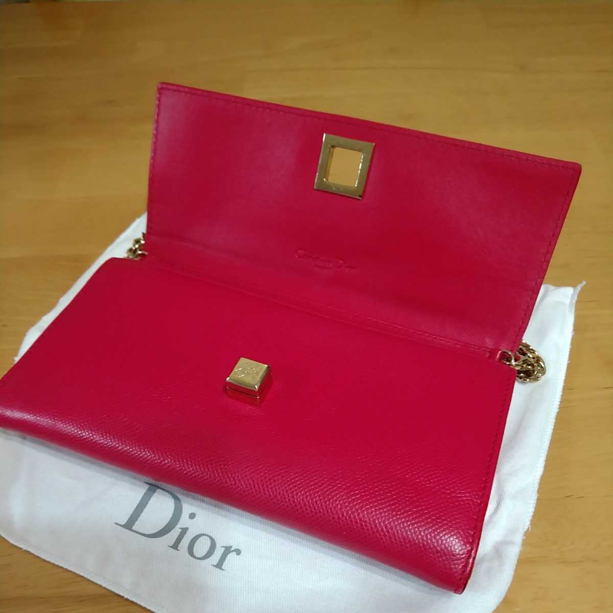 中古 DIOR ディオール チェーン長財布 ゴールドチェーン ピンク 財布 ゴールド金具 CD Wallet 送料無料