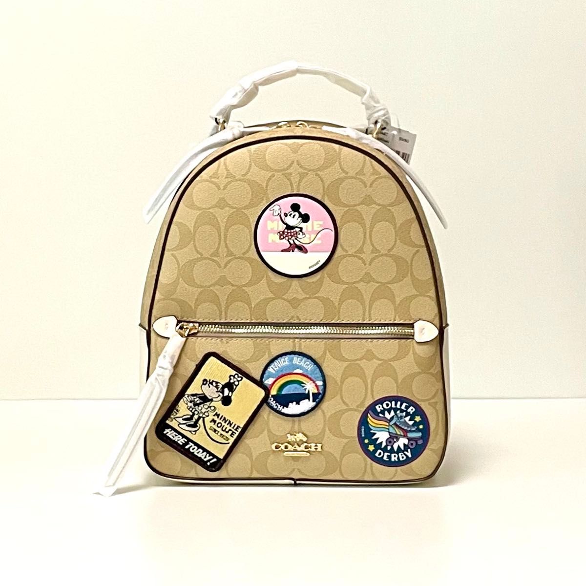 【新品未使用】Coach コーチ ミニーマウス リュック　ベージュ レディース COACH リュック ミニーマウス シグネチャー ワッペン