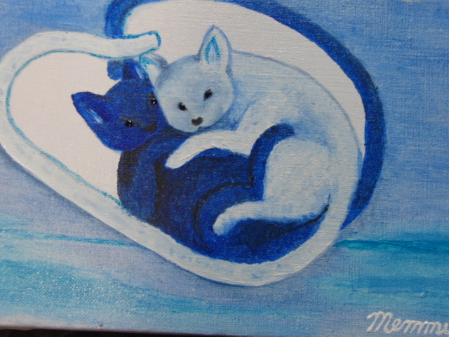 ≪国美協≫、佐藤めみ、『じゃれねこ』、油彩画、SM号：22,7cm×15,8cm、油絵一点物、新品高級油彩額付、直筆サイン・真作保証付_画像1