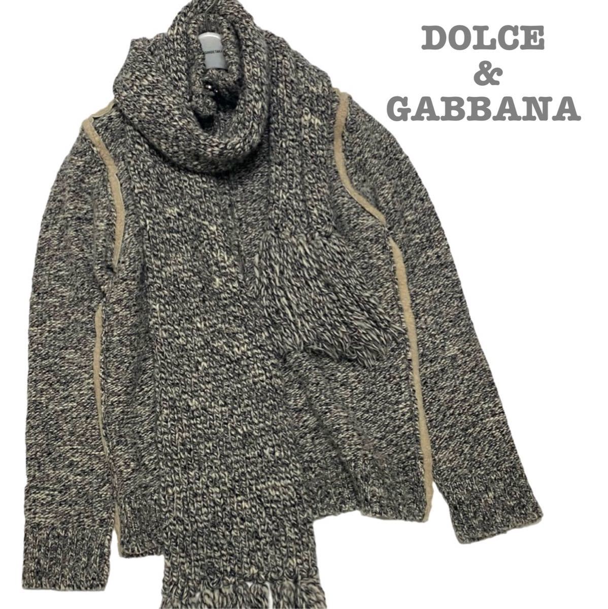 高級 ★ DOLCE&GABBANA ドルチェ&ガッバーナ★ ジップアップ ニット ハーフジップ ラムスキン レザー イタリア製 48／L マフラー 付き_画像1