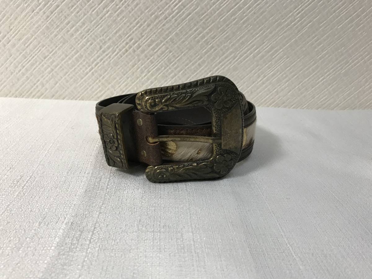 美品本物ナンニNANNi本革レザーハラコ毛皮ファーデカバックルベルト