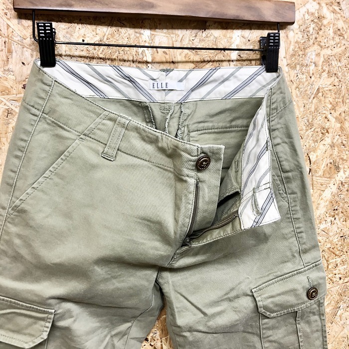 ELLE L 36 lady's cropped pants cargo pants stretch tapered plain Zip fly cotton × polyurethane green gray * khaki series 