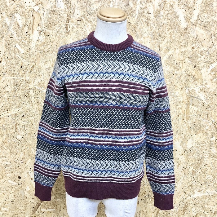 GAP ギャップ S メンズ ニット セーター レトロ柄 ボーダー 丸首 長袖 ウール×ナイロン パープル系×グレー×ネイビー×ブラック