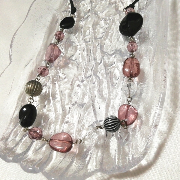 ピンク黒灰丸珠型ネックレス首飾りペンダントチョーカー/ジュエリー宝飾インテリア Pink black ash pearl necklace pendant choker/jewelry