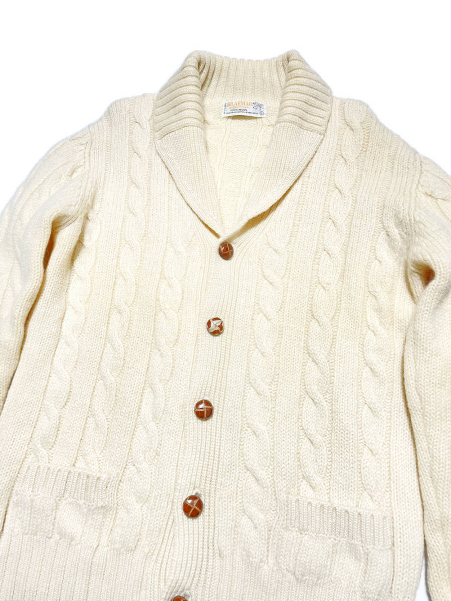 80s Scotland BRAEMAR... button cable knitted wool cardigan L ivory euro Alain knitted Fisherman 