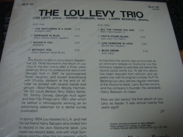 LOU LEVY LOU LEVY TRIO NOCTURNE 原盤 LP FRESH SOUND復刻LP　ザ ルー レヴィ トリオ_画像2