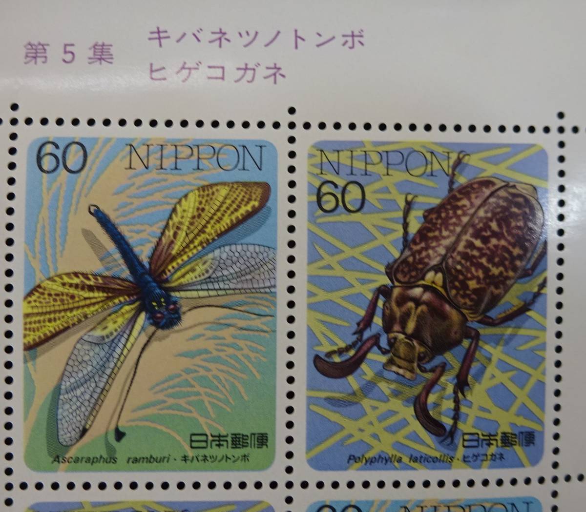 記念切手 昆虫シリーズ 第5集 キバネツノトンボ ヒゲコガネ 1987年 昭和62年 60円20枚 シート 特殊切手 未使用 ランクBの画像2