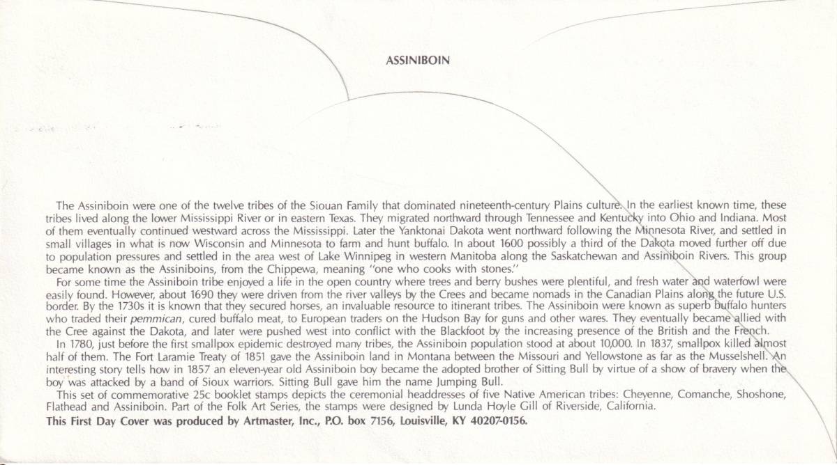 【ＦＤＣ】インデアンの羽飾り・アシニボイン（１９９０年）（アメリカ）　t1787_画像2