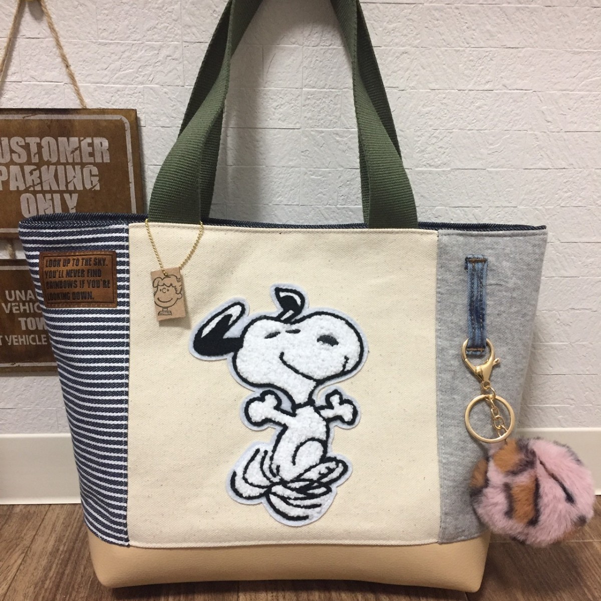 Paypayフリマ ハンドメイド スヌーピー トートバッグ スエット生地 ヒッコリー Paypayフリマ ハンドメイド スヌーピー トートバッグ スエット生地 ヒッコリー