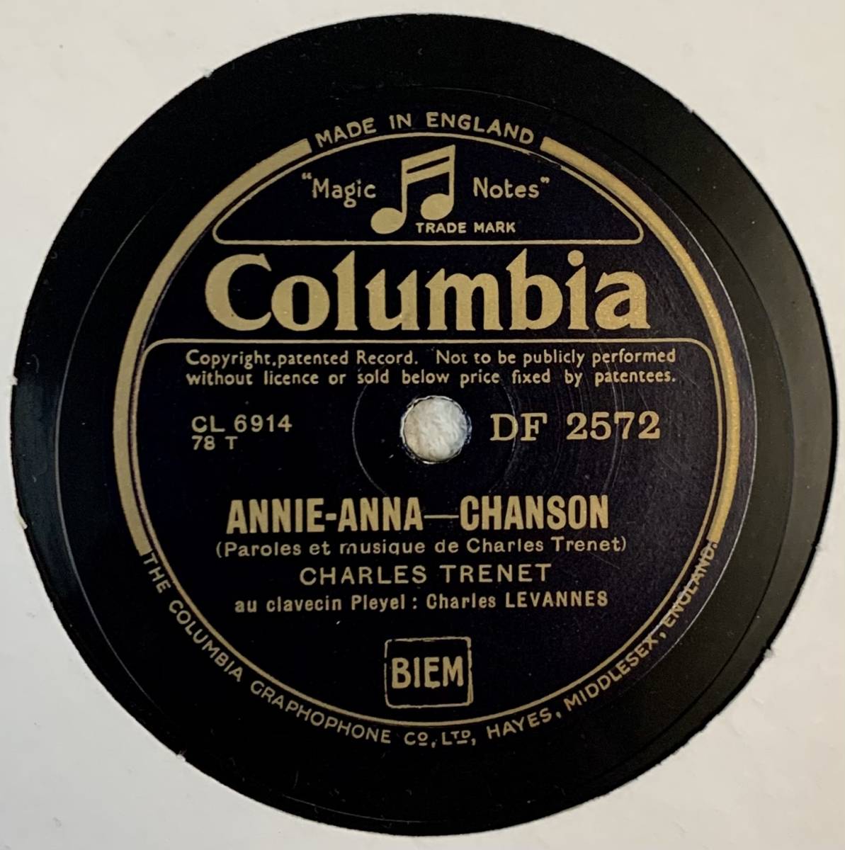 CHARLES TRENT / BIGUINE A BANGO/ANNIE-ANNA-CHANSON (Columbia DF 2572) SP запись 78RPM { Британия }