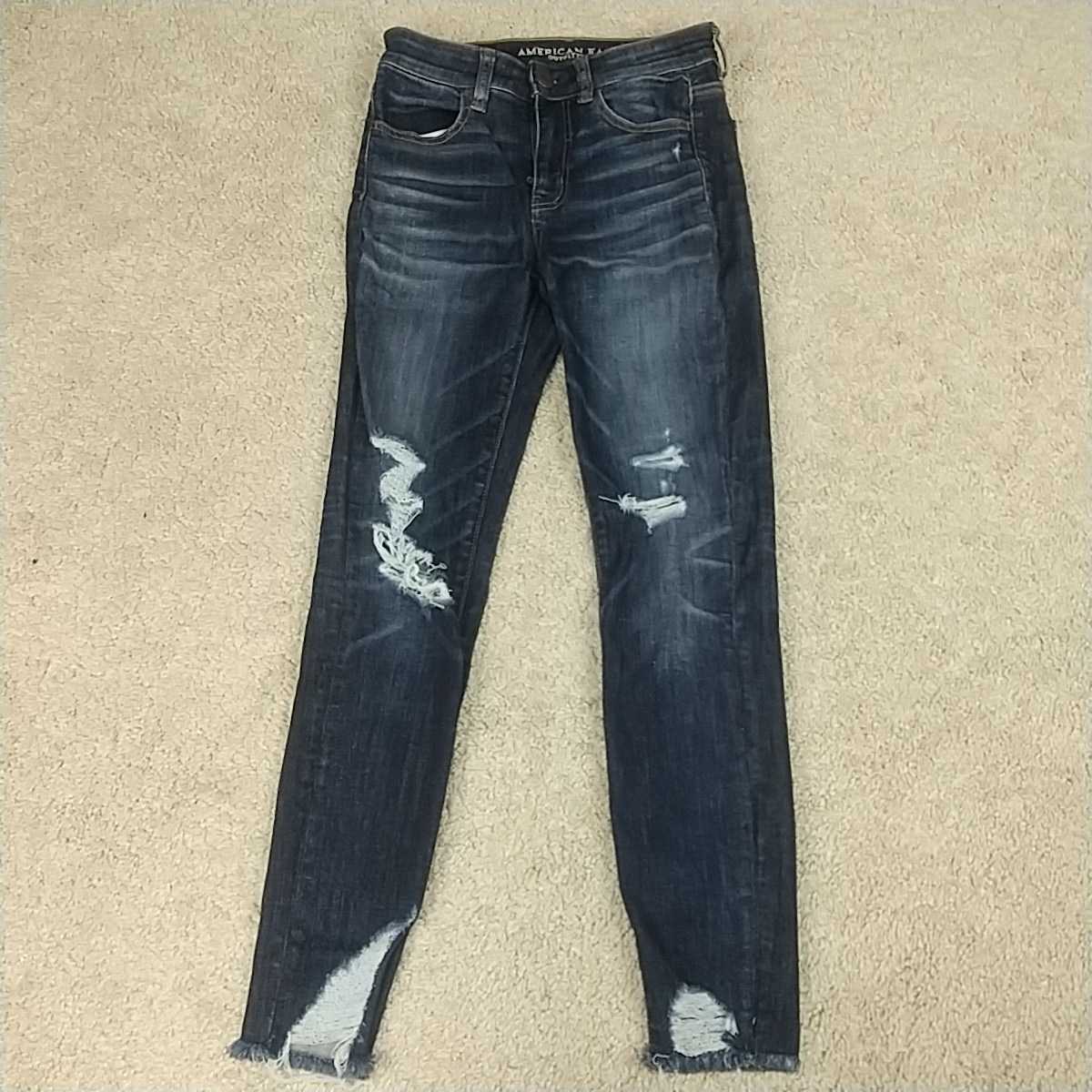 AMERICAN EAGLE アメリカンイーグル HI-RISE JEGGING CROP ハイライズ ジェギングジーンズ US2 ウエスト約66cm ダメージ加工 強ストレッチ_画像1