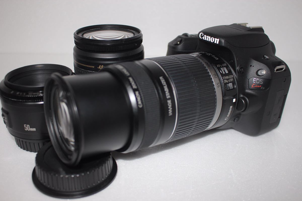 ★良品★ CANON キャノン EOS Kiss X9 単焦点Canon EF 50㎜1:1.8 EF28-80㎜　EF 55-250㎜ IS 標準&望遠&単焦点トリプルレンズセット