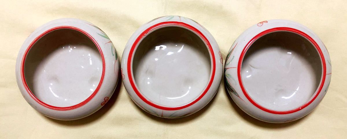 新品未使用　ベトナム製　バッチャン焼き　トンボ赤絵　陶器水盤　3個