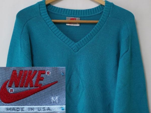 贅沢 M USA製 セーター NIKE カラー ターコイズ レア! 美品 ビンテージ スウェット 90s golf ゴルフ ニット/ Vネック アーガイル スウッシュ 80s XLサイズ以上
