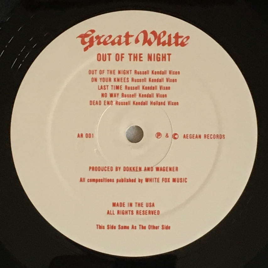 GREAT WHITE「OUT OF THE NIGHT」US ORIGINAL AEGEAN AR 001 '83 RARE THEIR FIRST ISSUED PRIVATE PRESSING produced by DON DOKKEN _画像6