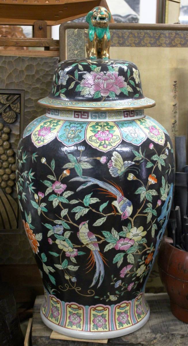 明時代 王宮 中国美術 金彩色絵 沈香壺 花鳥図　獅子 高さ86cm 陶磁器