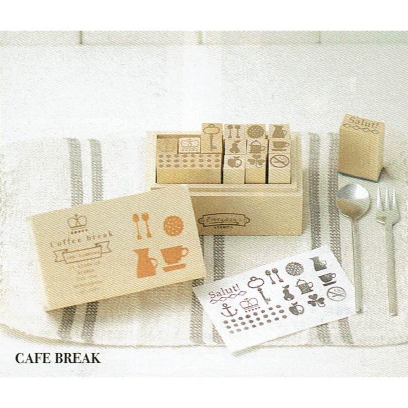 デイリースタンプ　COFFEE BREAK　クッキー　コーヒーカップ　鍵　ドット　スプーン　フォーク　カラトリー　ナチュラル　木製ボックス_画像2