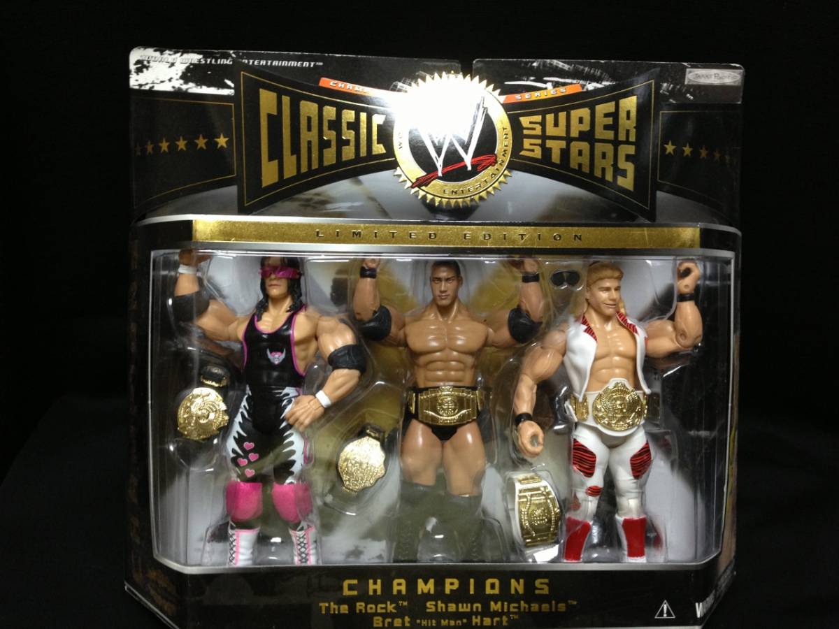 JAKKS：WWE Classic Superstars 3Pack Series チャンピオンズ＜B・ハート、ザ・ロック、S・マイケルズ＞ w/ベルト（未開封品）_画像1