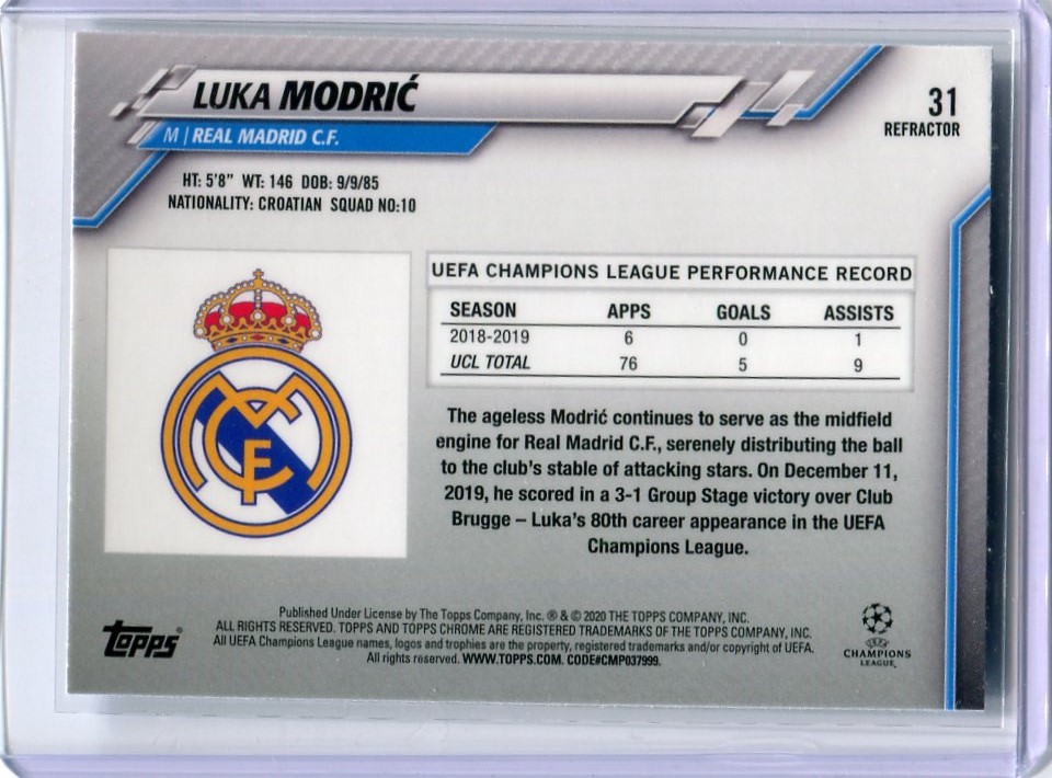 2019-20 Topps Chrome Champions League Refractor リフラクター Luka Modric Real Madrid_画像2