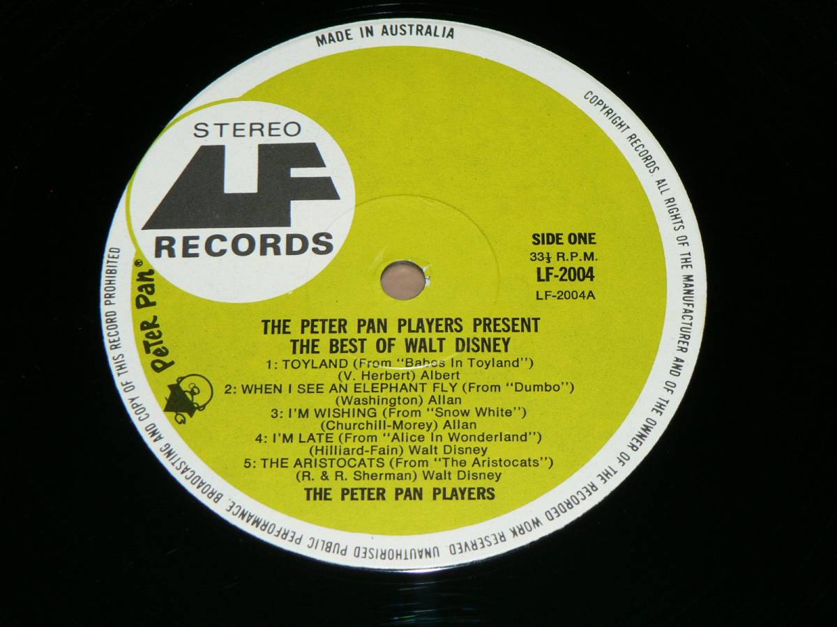 LP（豪盤）／THE　PETER　PAN　PLAYERS　presents　THE　BEST　OF　WALT　DISNEY／ほぼ美盤、再生良好_収録内容