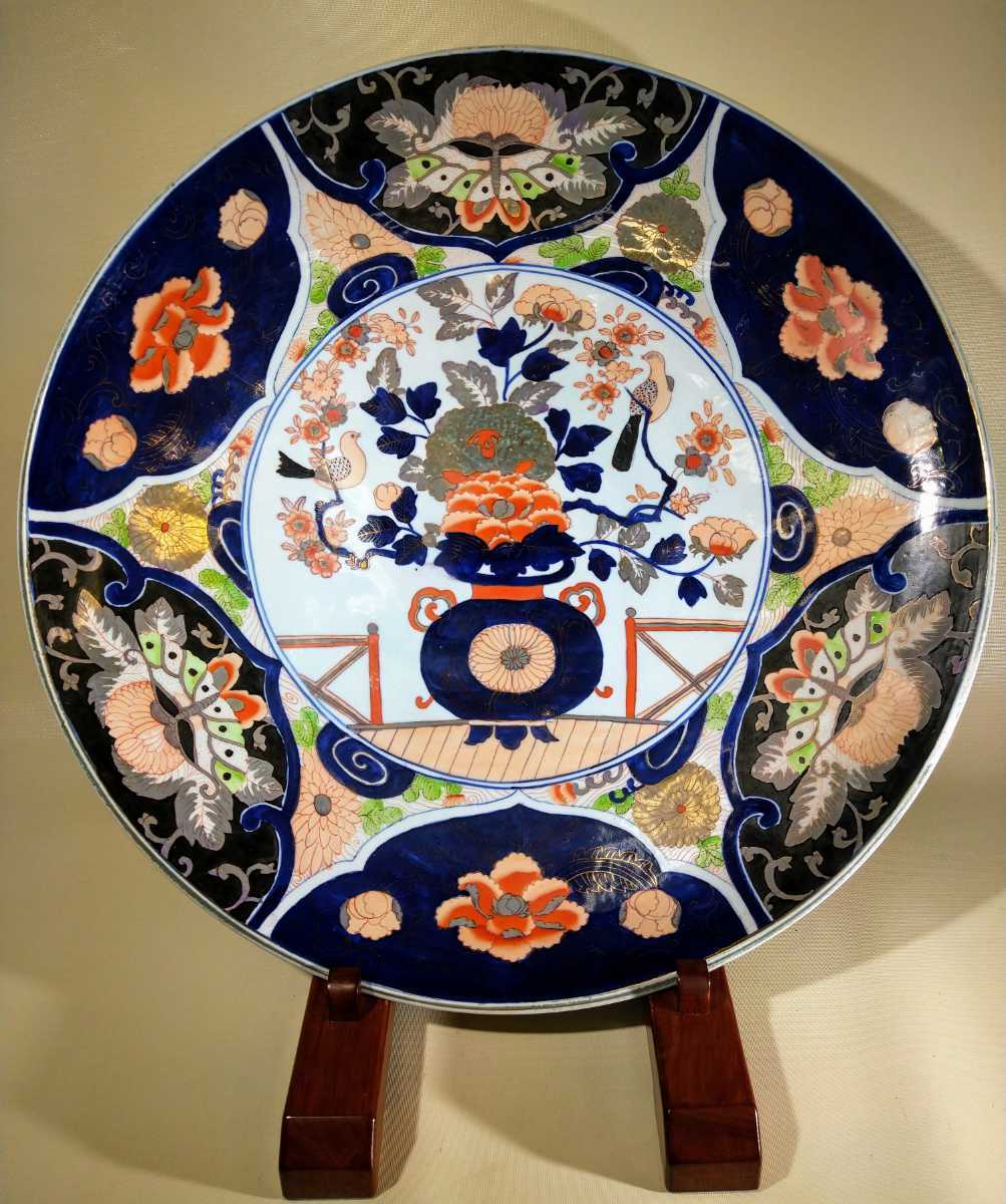 古伊万里 絢爛豪華 花籠 牡丹に揚羽蝶 花鳥図 51cm 大皿 a-大13d966_画像1