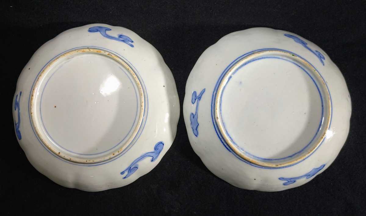 古伊万里 金彩 染付 色絵 菊花蝶水鳥図 22cm 輪花中皿 2客揃 a