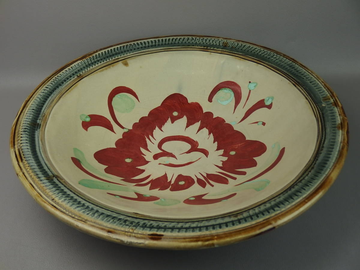 骨董・民芸】☆壺屋焼 小橋川仁王赤絵花文特大皿 約54.0cm 飾皿