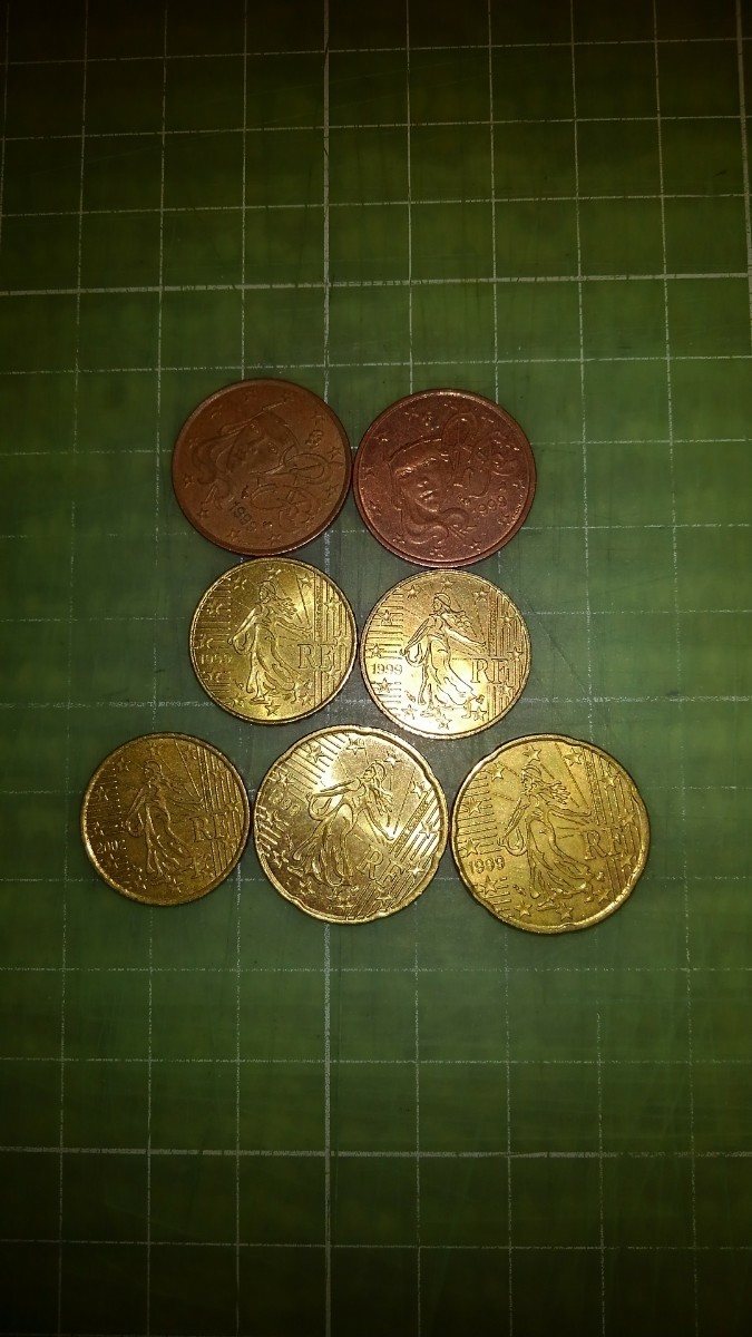 フランスユーロ硬貨×７枚(ユーロ80セント・1999・2002年)