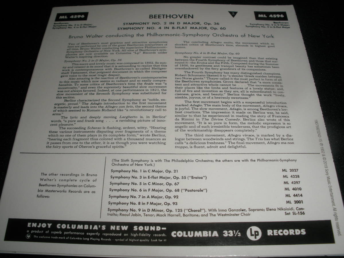 ブルーノ・ワルター ベートーヴェン 交響曲 第2番 4番 ニューヨーク・フィル 1952 新規 リマスター オリジナル 紙ジャケ 未使用美品の画像2