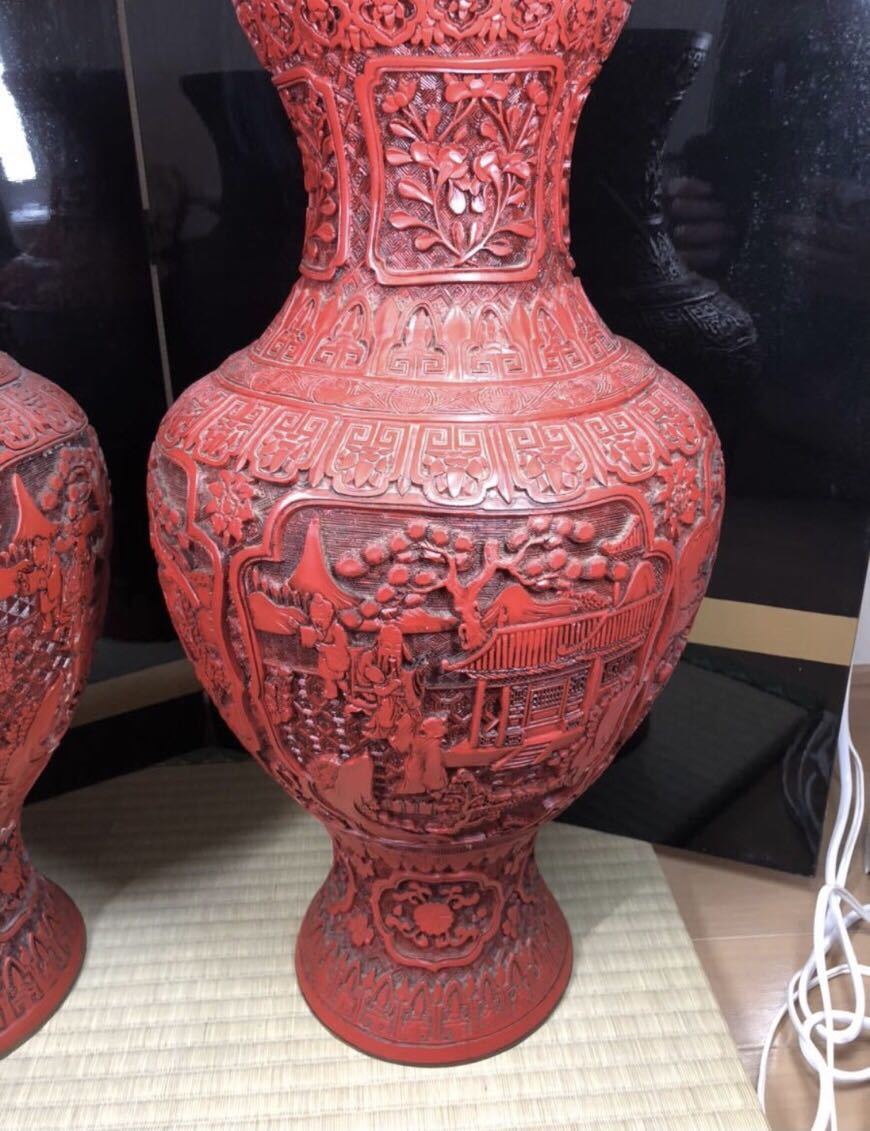 唐物 漆器 推朱 唐草人物文 花瓶 中国古玩 骨董 時代物 - 通販