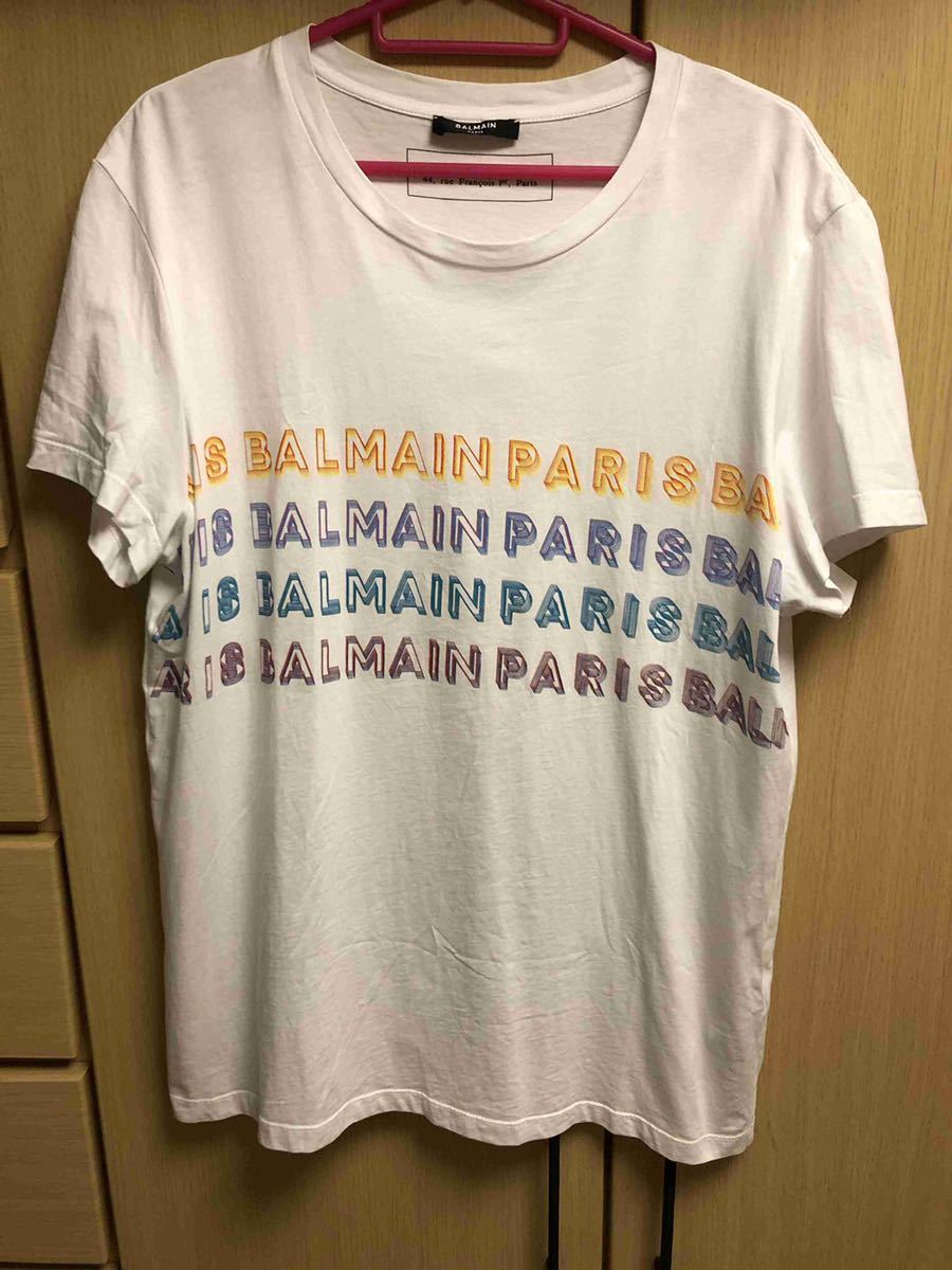 国内正規 20SS BALMAIN バルマン マルチカラー ロゴ クルーネック Tシャツ カットソー 白 L_画像1