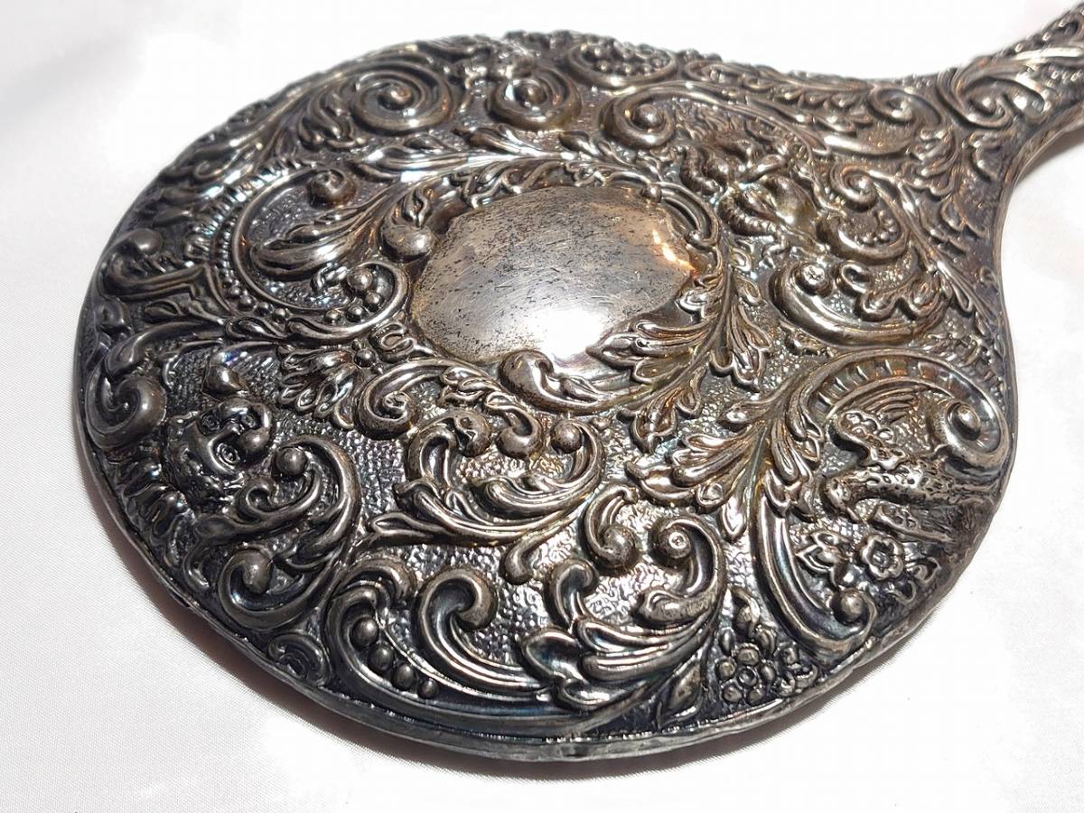  hand-mirror silver made retro antique equipment ornament pattern engraving total length approximately 28cm most large width approximately 15.5cm weight approximately 645g old mirror antique [1940]