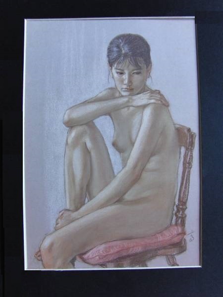 高塚省吾、【椅子に座る裸婦】、希少な額装用画集画、新品高級額 額装付-