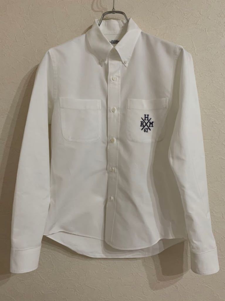 ハリウッドランチマーケット　メンズ　ワンポイント刺繍　長袖白コットンシャツ Sサイズ　クリーニング済_画像1