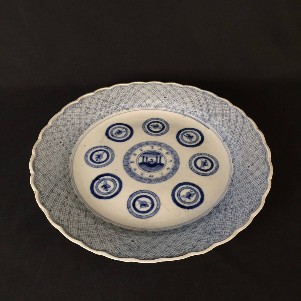 GN1126-152-22 古伊万里 大明成化年製 染付 特大皿 飾り皿 飾皿 蛸唐草 