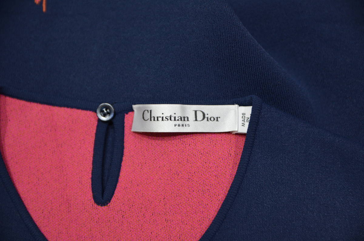 国内正規 Christian Dior クリスチャンディオール アニマル柄 ノースリーブ ニット ワンピース 34 ネイビー Y-291897_画像3