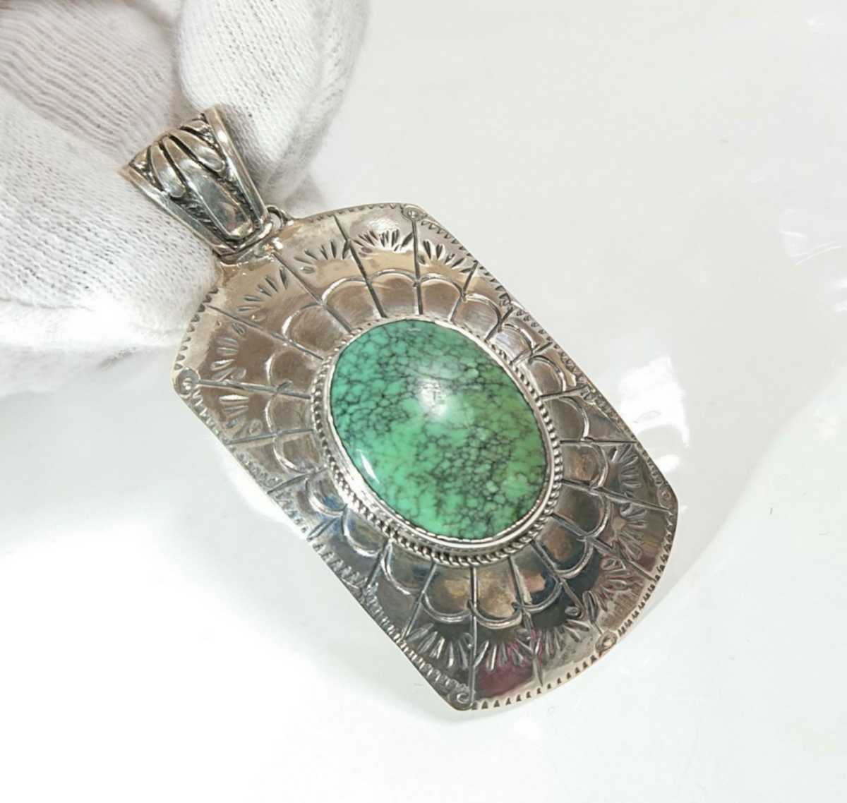 4846 SILVER925 turquoise top plate large silver 925 made Indian jewelry Navajo navajo big BIG dog tag green beautiful stone 