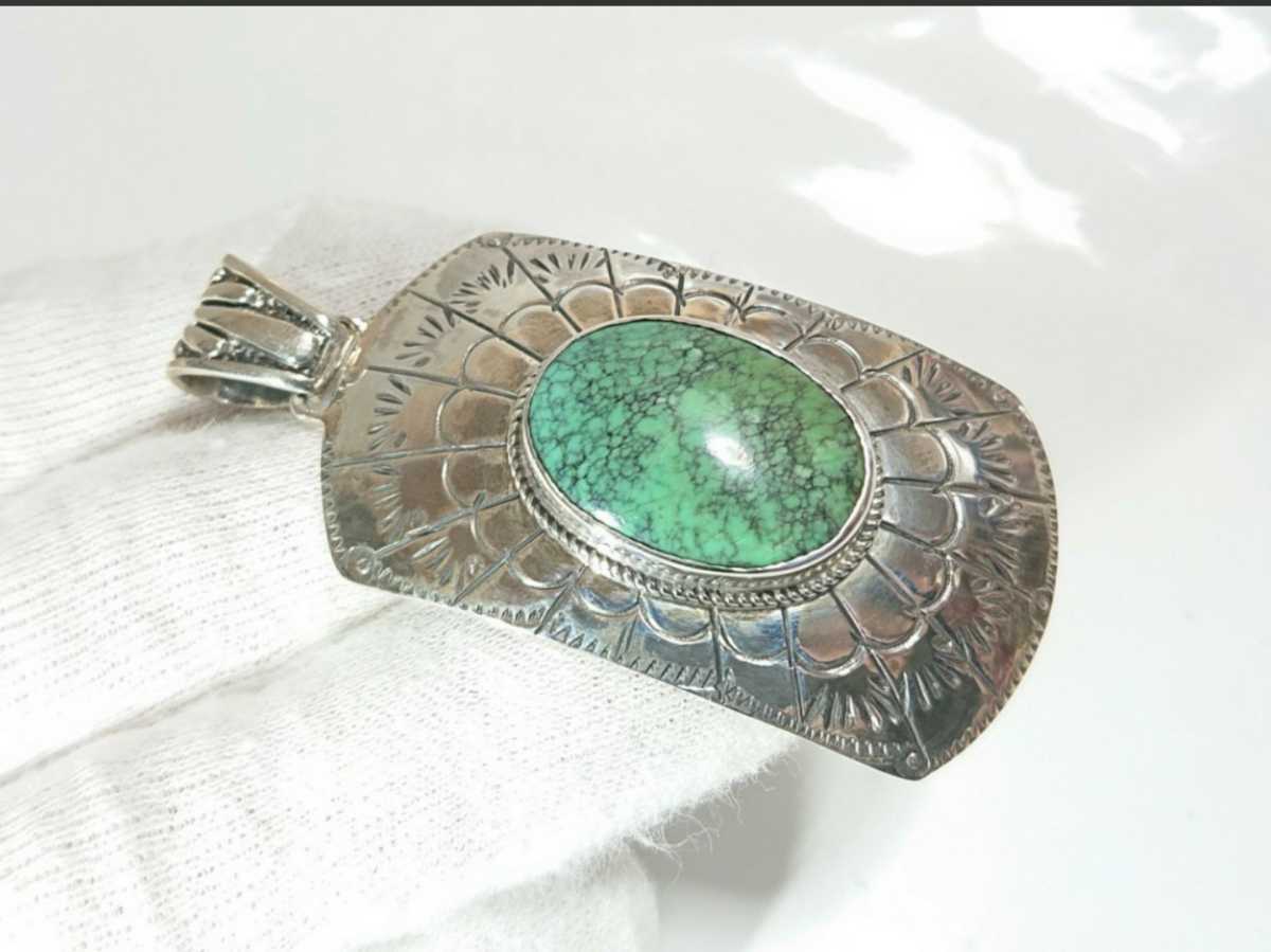 4846 SILVER925 turquoise top plate large silver 925 made Indian jewelry Navajo navajo big BIG dog tag green beautiful stone 