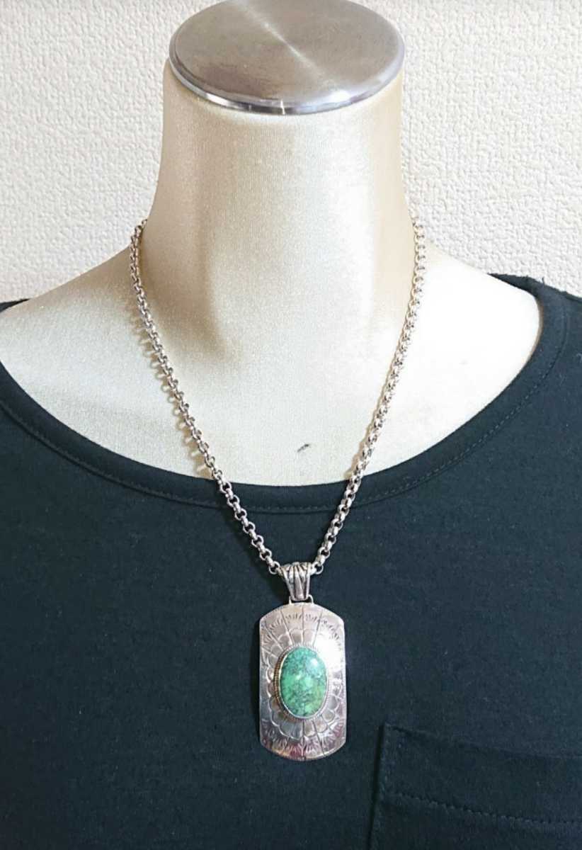 4846 SILVER925 turquoise top plate large silver 925 made Indian jewelry Navajo navajo big BIG dog tag green beautiful stone 