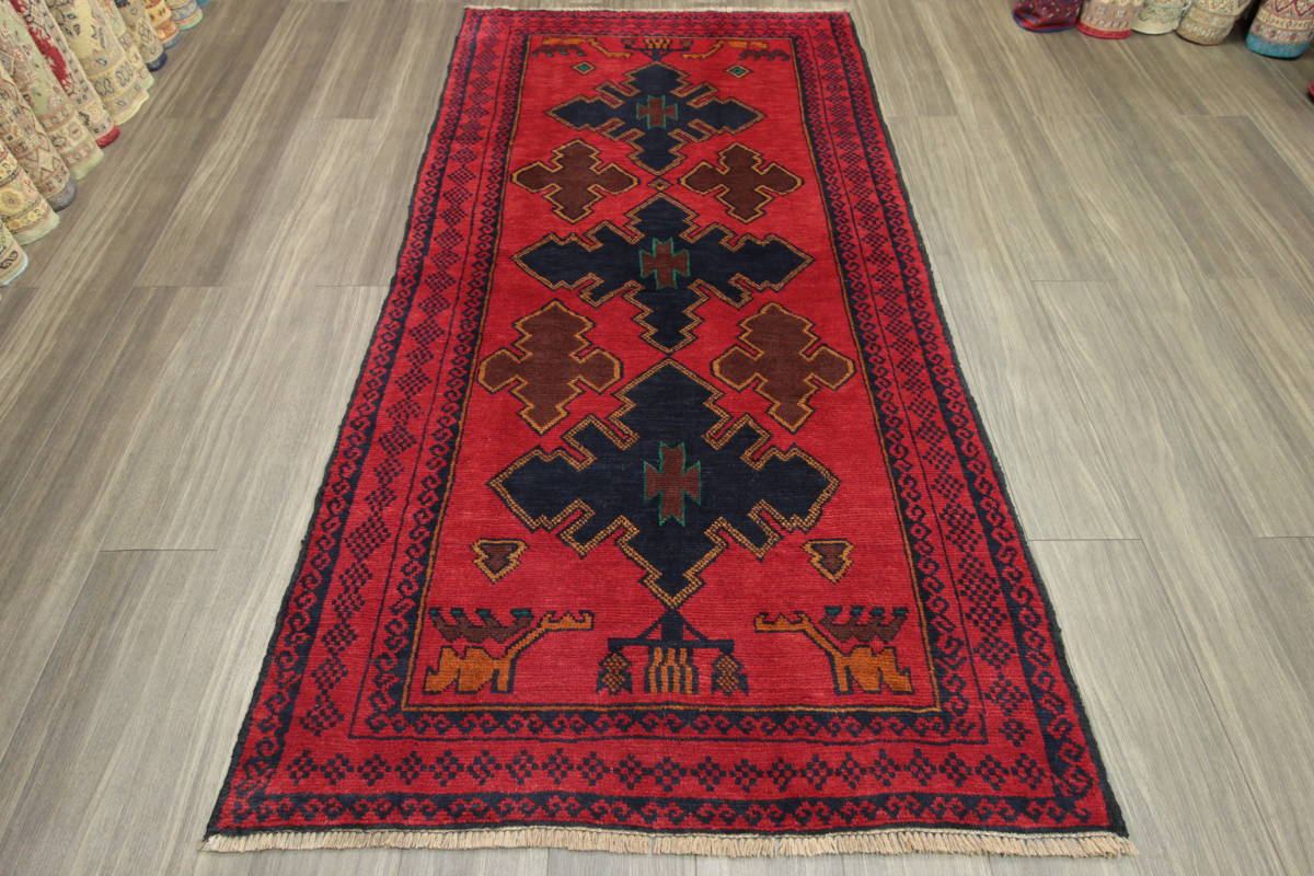 【代引き不可】 アフガニスタン　部族絨毯　バルーチ族　オールド手織り絨毯　トライバルラグ　ヴィンテージ　112x216cm　＃807 カーペット一般